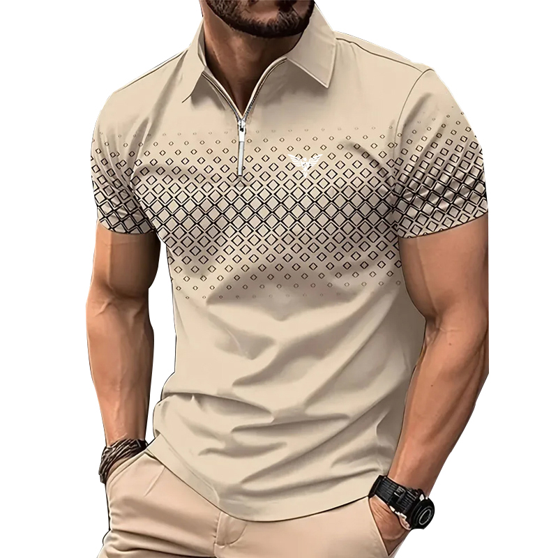 Mannen Persoonlijkheid Zomer Mode Sport Korte Mouw Casual Revers Rits Poloshirt Mannen Print Polyester Sneldrogend Poloshirt Top