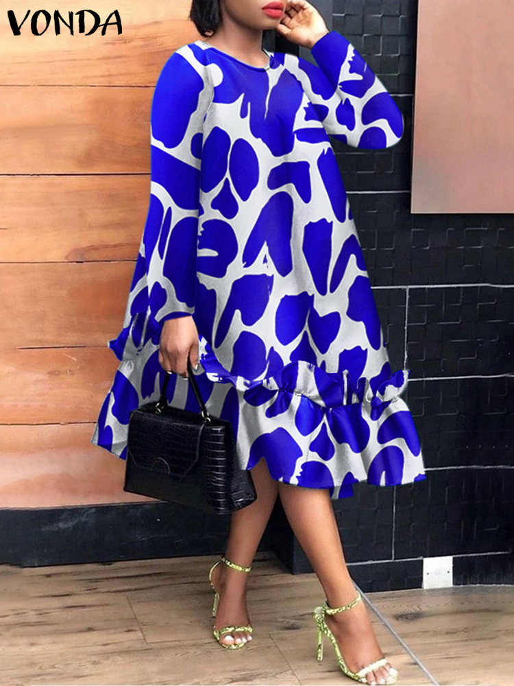 Vonda-女性のためのエレガントなミドル丈ドレス,ボヘミアンプリントのサンドレス,長袖,カジュアルでゆったりとしたドレス,大きいサイズ,5xl,秋,2024