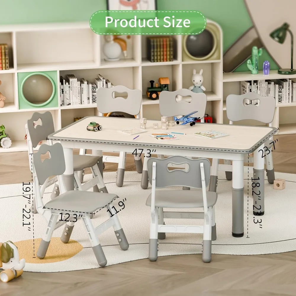 48 Inch Children's 1 Table and 6 Chairs Set, Children's Table and Chairs Set, Toddler Table and Chairs Set, Height Adjustable