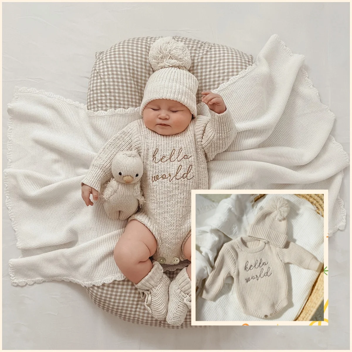 Ylsteed Hello World Knitting Newborn Photography Romper z dopasowaną czapką Pomp Baby Boy Girl Sweter Stroje do sesji zdjęciowej
