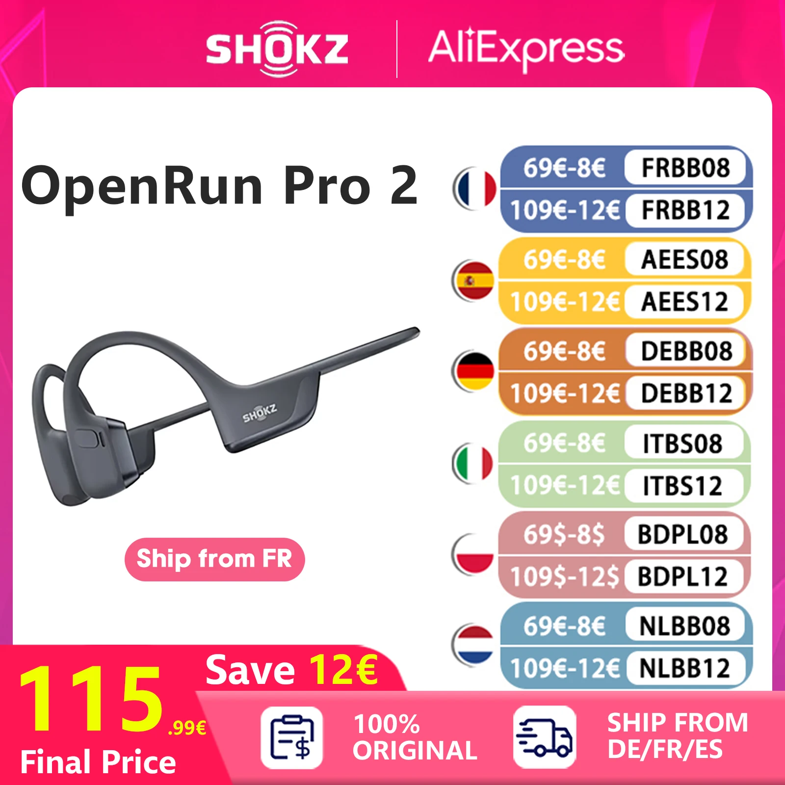 Original SHOKZ OpenRun Pro 2 S820 Bluetooth-Kopfhörer, IP55, wasserdicht, Knochenleitungskopfhörer, Musik, Sport, kabellose Ohrhörer