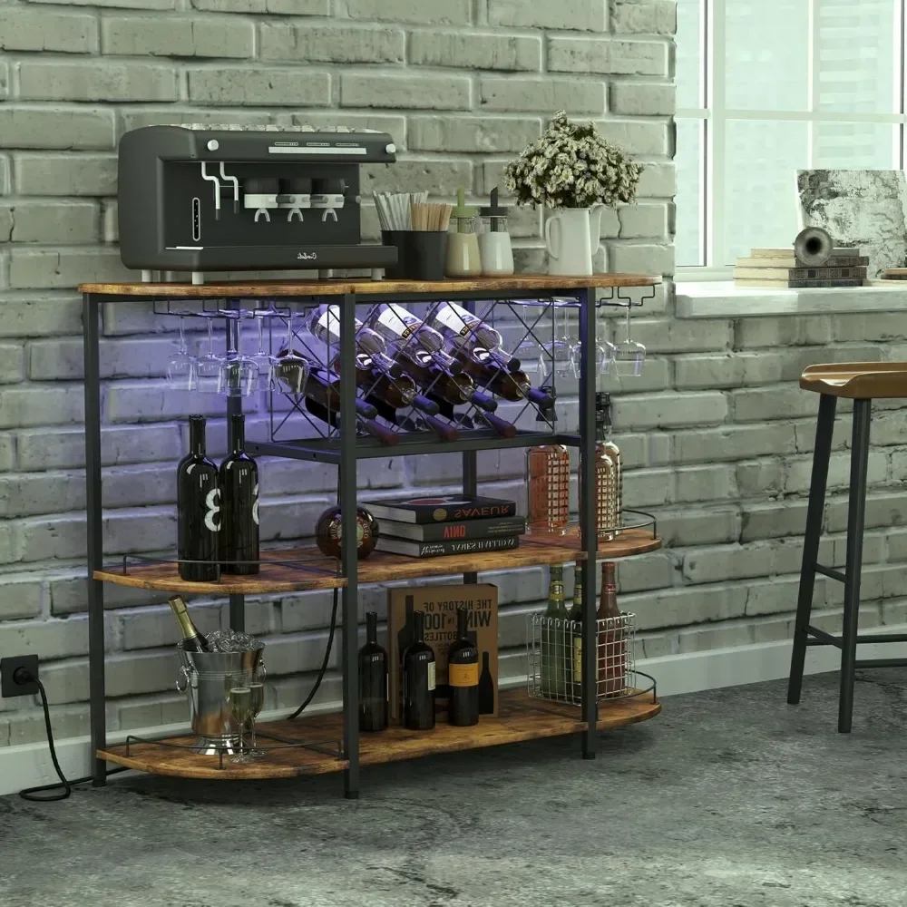 Wine Cabinet Coffee Table with Power Socket and LED Light, Three Tiers Coffee Bar Table Wine Rack Liqour Bar with Large Storage