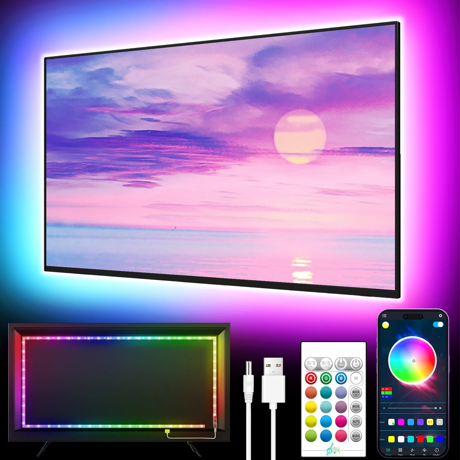 GIPOYENT TV LED Backlight Light Strip Bluetooth APP Control Music Sync RGB Color Changi Backlight For TV 32-60 Inch 3M-10M