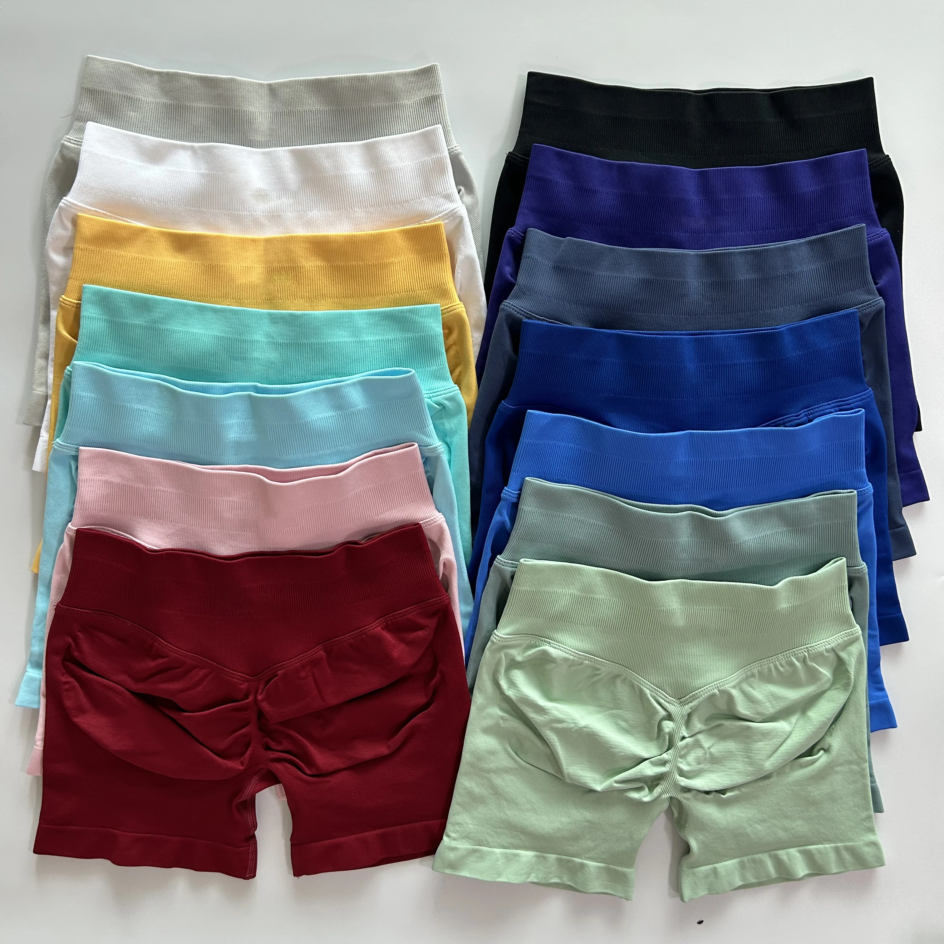 Pantalones cortos de Yoga con banda baja acanalada, pantalones cortos sin costuras para entrenamiento, pantalones cortos de gimnasio, pantalones cortos elásticos para correr, ropa de Fitness