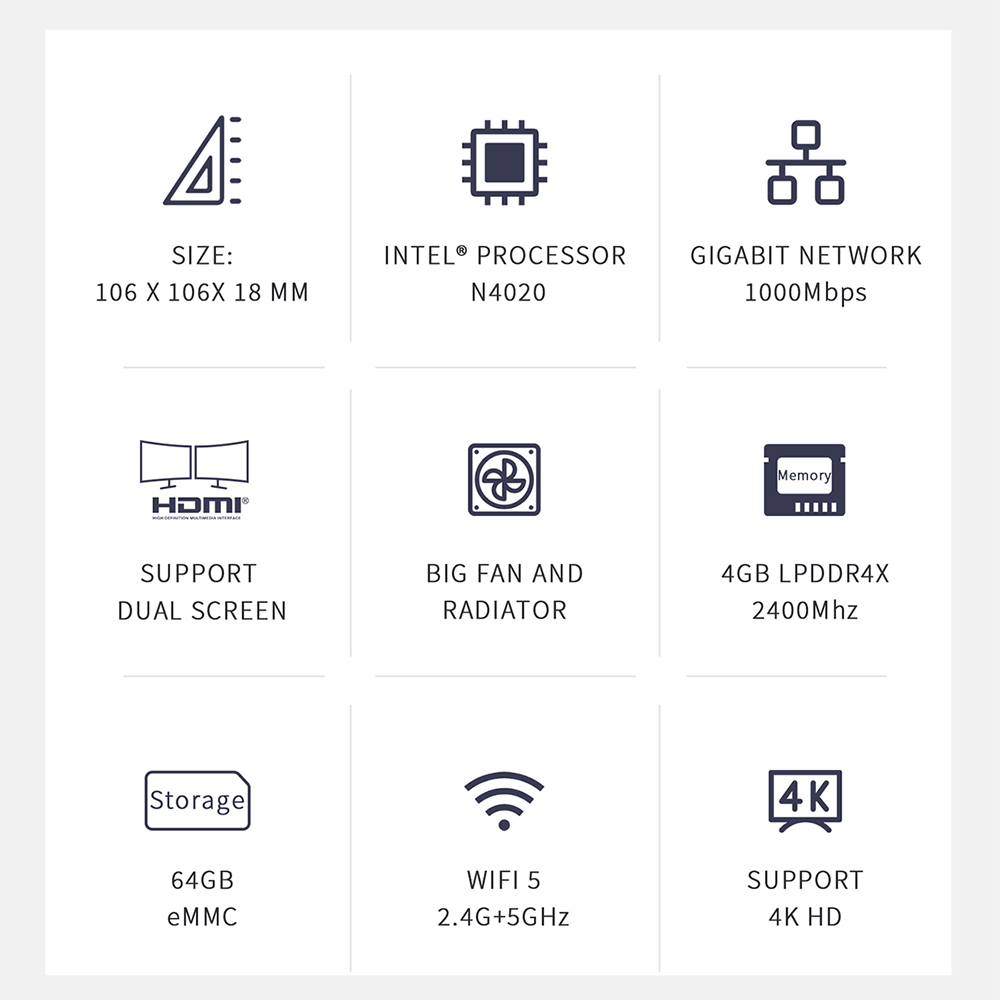Mini PC Beelink T5, Intel Celeron N4020, Wifi5, BT5.0, 4GB, 64GB, T4 Pro, Intel Apollo Lake, N3350, 4K, BT4.0, 1000M, AC, Wi-Fi