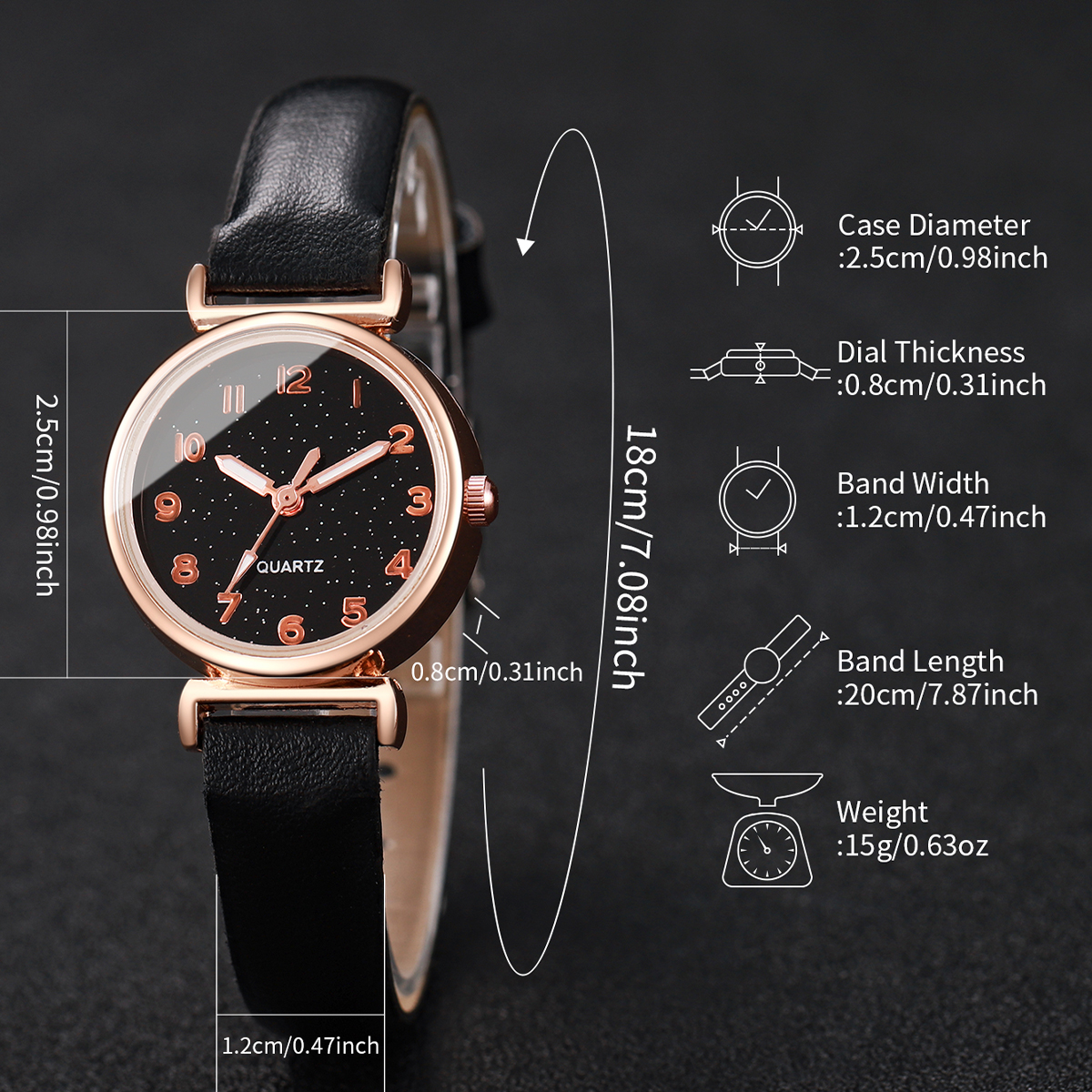 女性用スターリースカイリアルレザーバンドクォーツ時計、ターコイズブレスレットセット、ファッションブレスレット、5個