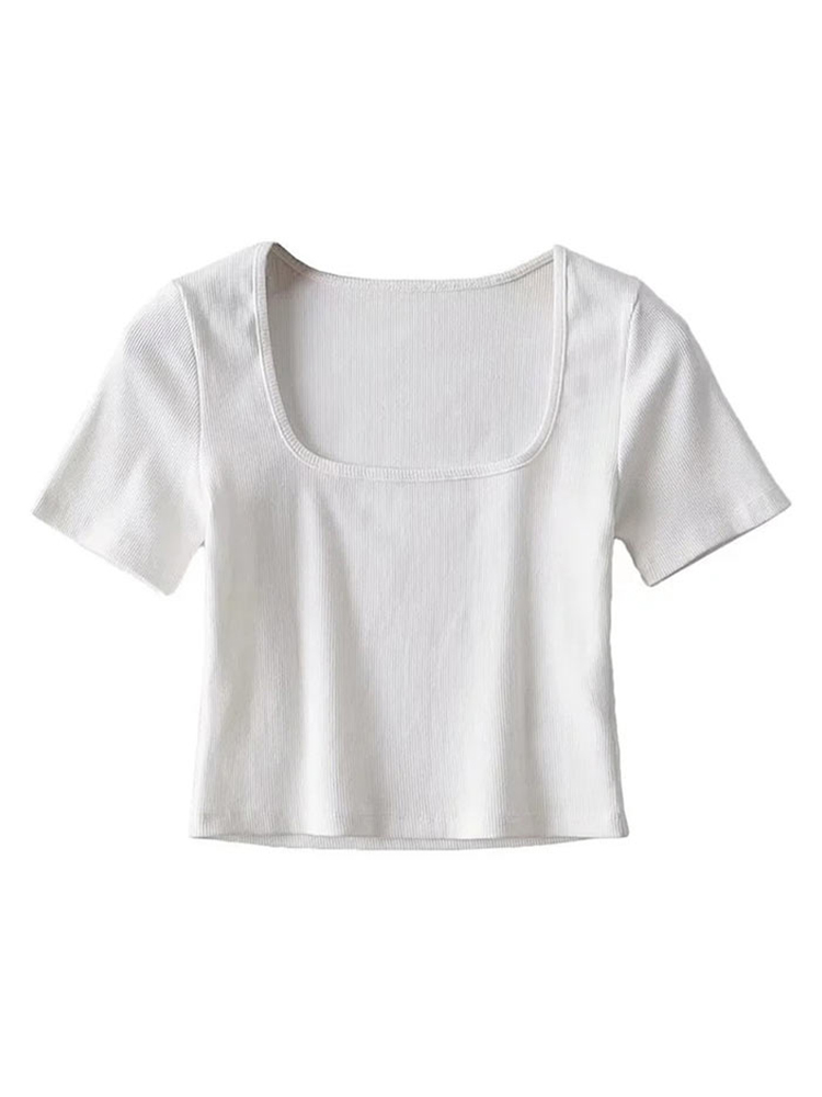T-shirt corta a costine con collo quadrato da donna Top corto a maniche corte