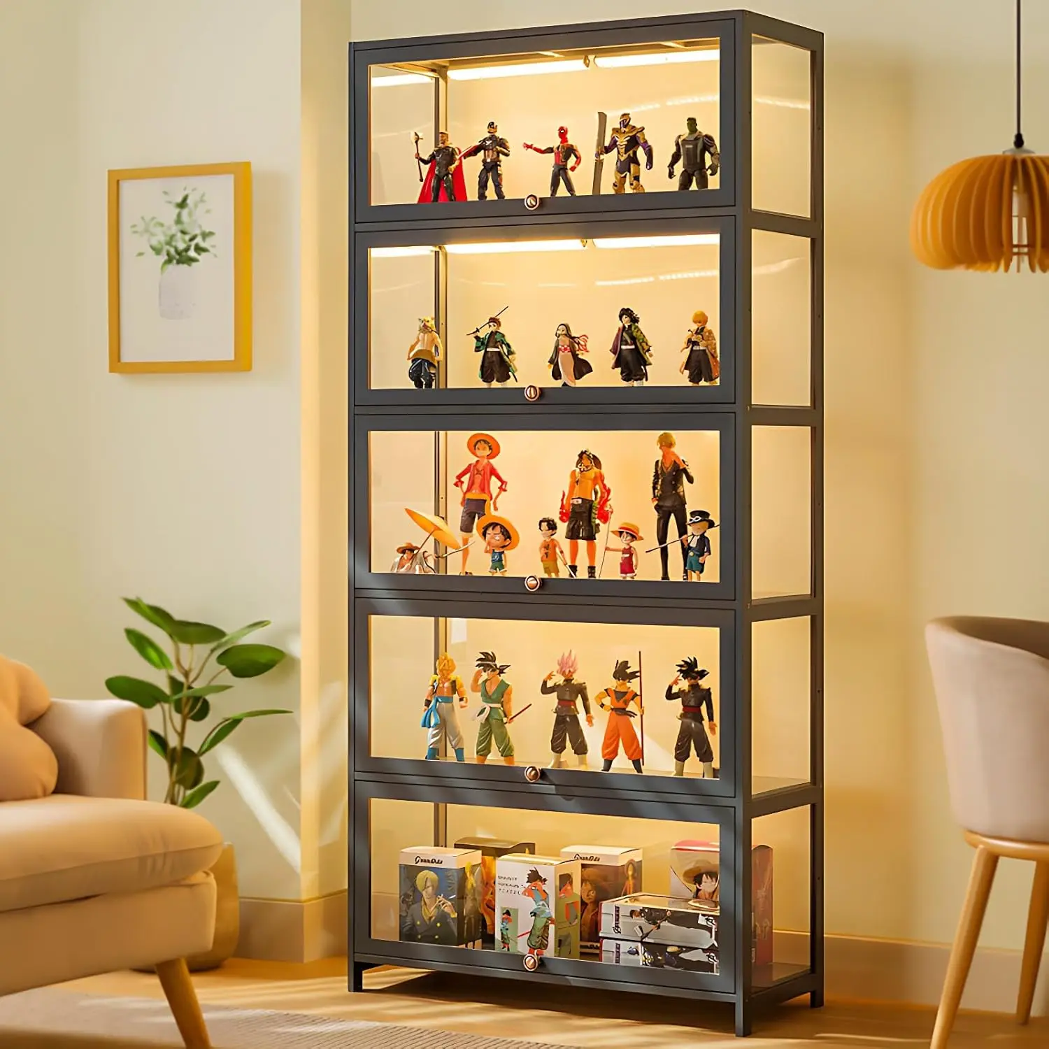 5-Tier Display Cabinet with Acrylic Doors, 67” Transparent Bamboo Curio Display Case for Figures, Display Shelves for Collectibl