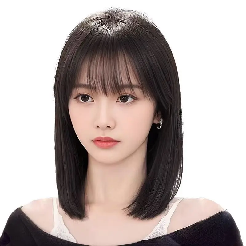 Peruca sintética feminina conjunto de cabeça cheia estilo imitação natural cabelo humano clavícula cabelo cabeça cheia peruca conjunto