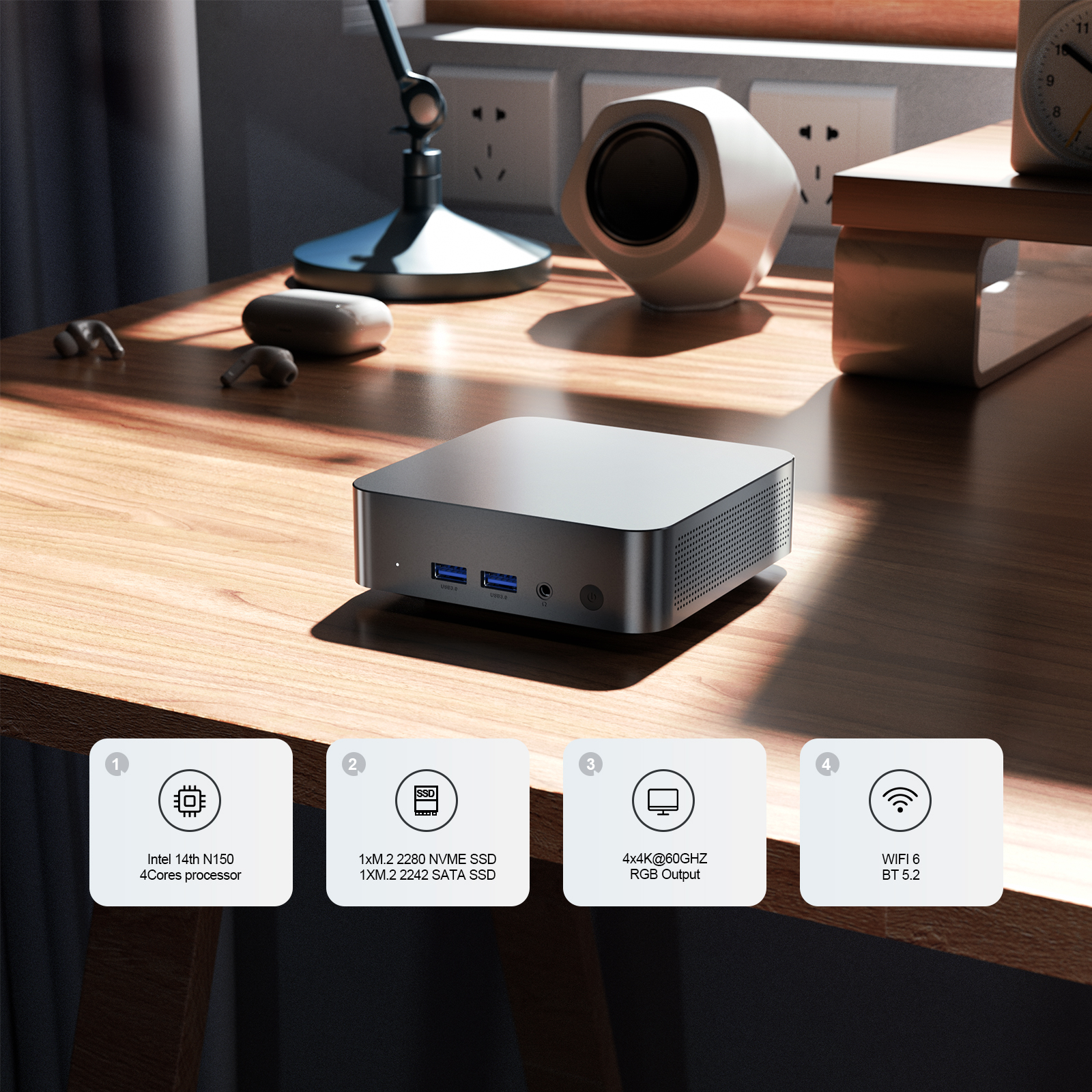 Chatreey T9H Mini PC Intel Twin Lake N150 WIFI 6 Windows 11 Ultrakleine zakcomputer Dubbele SSD Volledig functioneel Type-C 4K 60Hz RGB