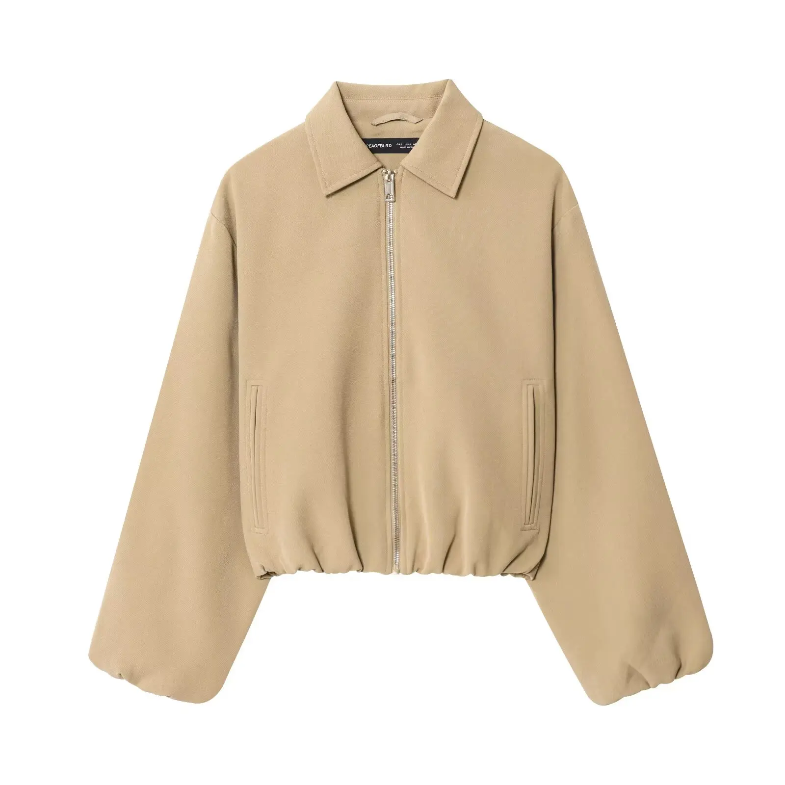 BSAY women's autumn new 2025 solid color simple pocket waist cinched long sleeved lapel zipper puffy jacket