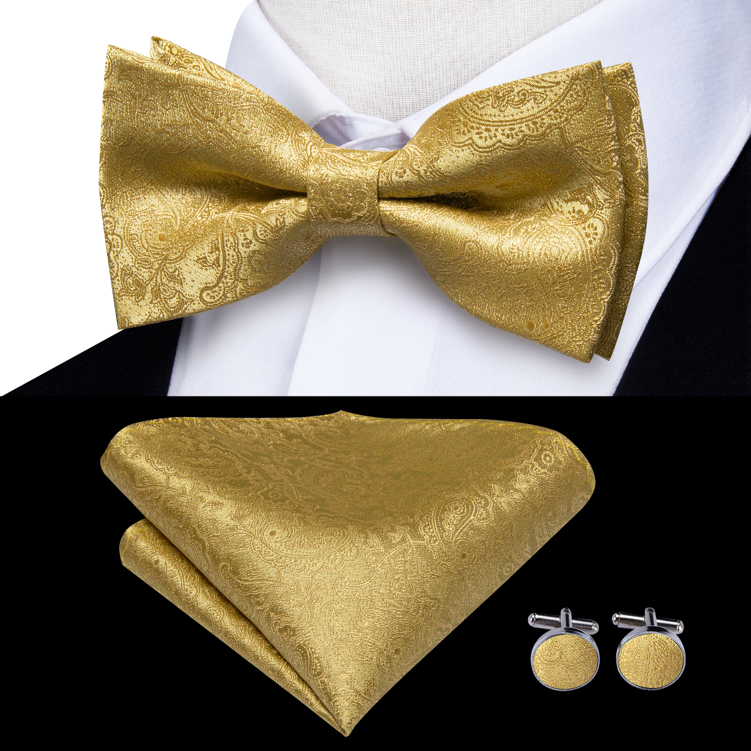 Hi-Tie Jacquard Geweven Zijde Gold Mens Bretel Braces Vlinderdas Hanky Manchetknopen Set Voor Mannen Verstelbare Elastische Bretels voor Mannen