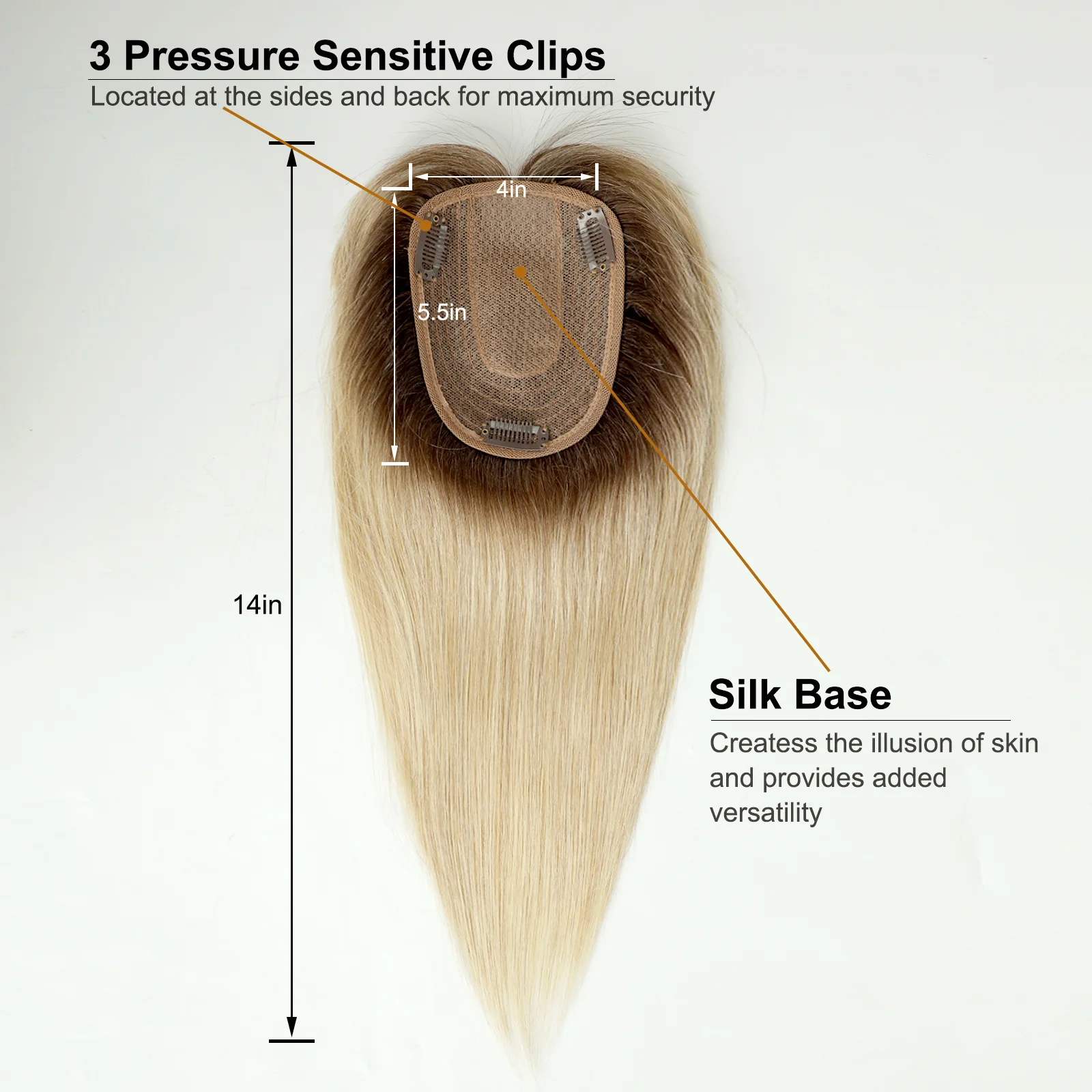 100 % Remy-Echthaar-Topper mit Pony, platinblond, Ombre-Echthaarteile für Frauen, dünnes Haar, Seidenbasis, Clip-in-Topper