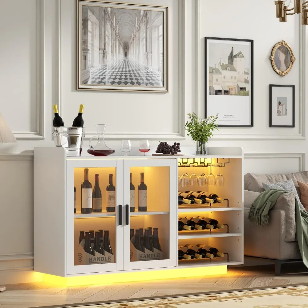 Wine Bar Cabinet with Lights,  Floating Coffee Bar with Glass Rack and Removable Wine Racks, Modern Buffet Sideboard