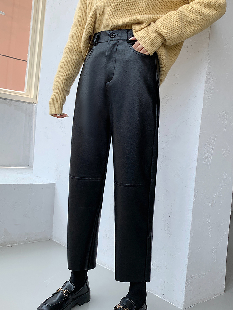 QOERLIN automne hiver pantalon en cuir PU femmes élégant taille haute poches Faux cuir sarouel femme dos taille élastique pantalon