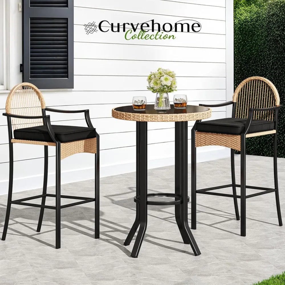 3-Piece Outdoor Wicker Bar Height Set with Cushioned Barstools, Patio Bistro Furniture for Balcony and Poolside