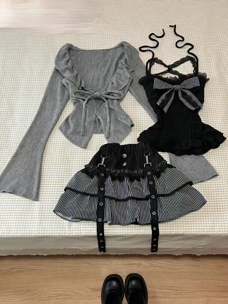Conjunto de 3 piezas con lazo de encaje para mujer, cárdigan de manga larga ajustado Vintage estético + Falda corta con volantes y cintura elástica, traje nuevo, otoño e invierno