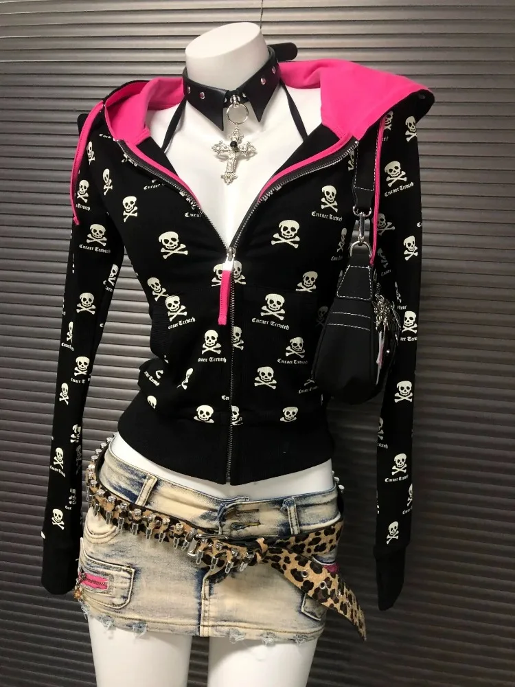 2000s y2k gótico punk esqueleto impressão cardigan contraste com capuz moletom jaqueta feminina primavera outono 2025 novo fino ajuste preto topos