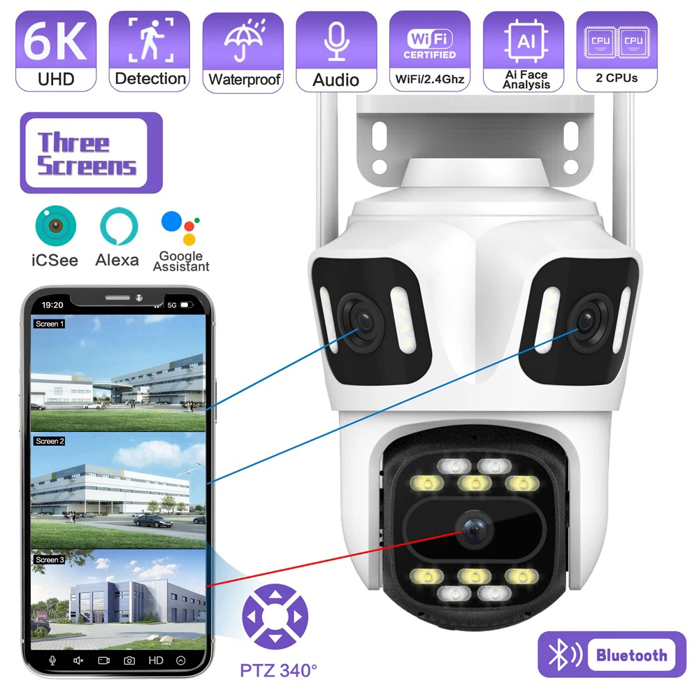 KERUI Icsee cámara IP PTZ 6K WIFI para exteriores, cámara de seguridad para el hogar con Triple lente, videovigilancia CCTV con pantallas triples