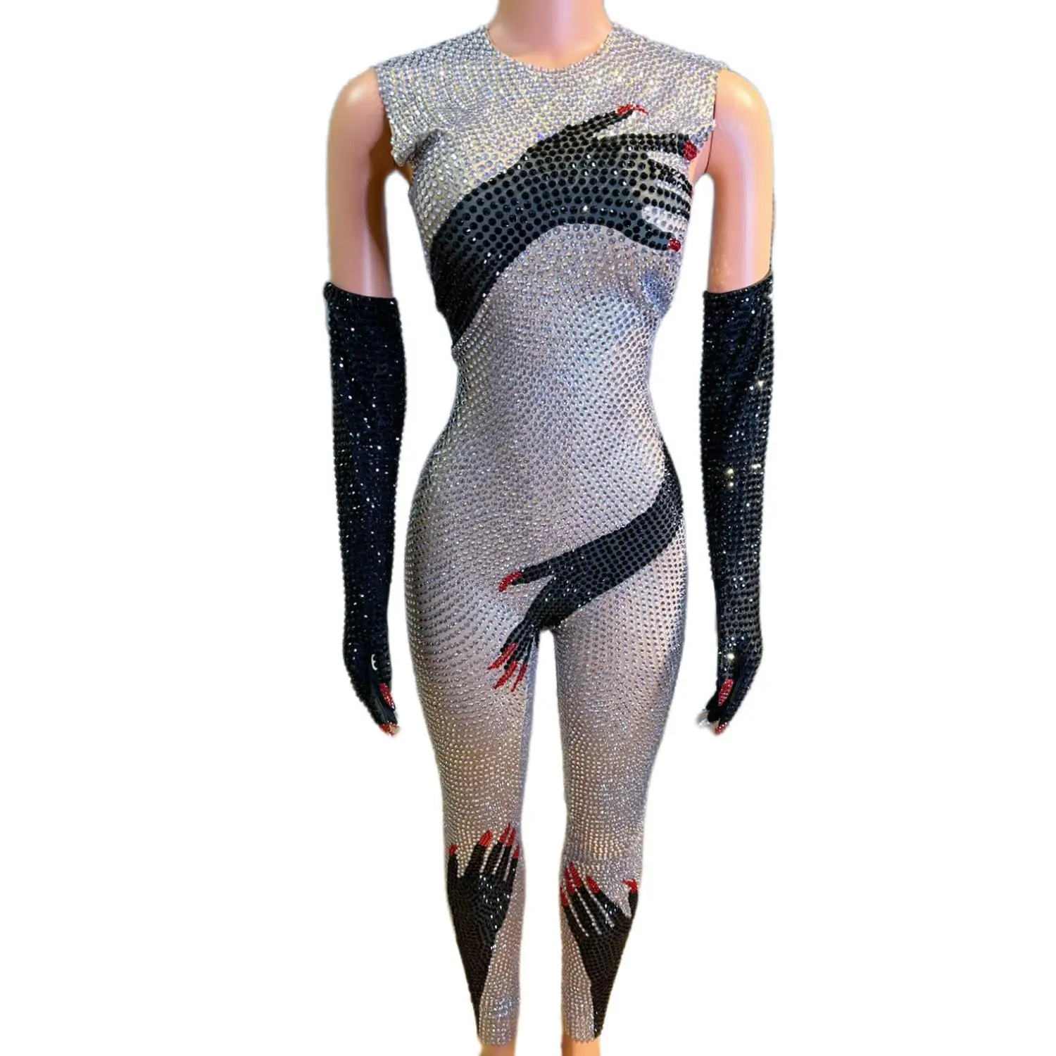 Pedra brilhante mãos pretas impressas macacão luvas sexy desempenho traje cantor mostrar palco wear festa de aniversário roupa heishou