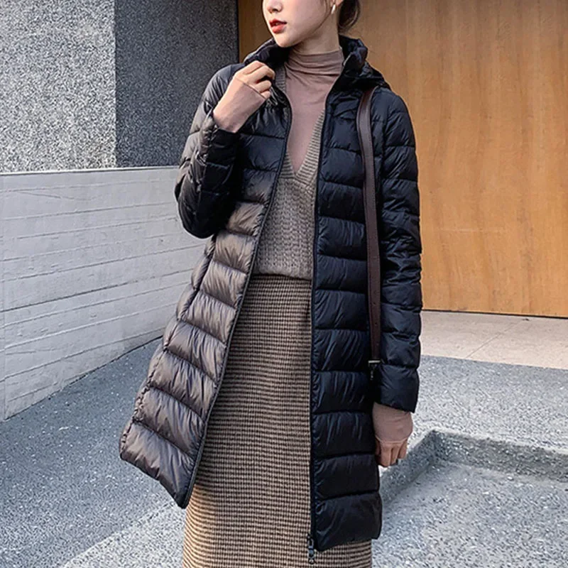 Abrigos ajustados de invierno para mujer, Parka con capucha, Color sólido, ropa de abrigo larga y ligera para mujer, chaquetas acolchadas cálidas a la moda para mujer