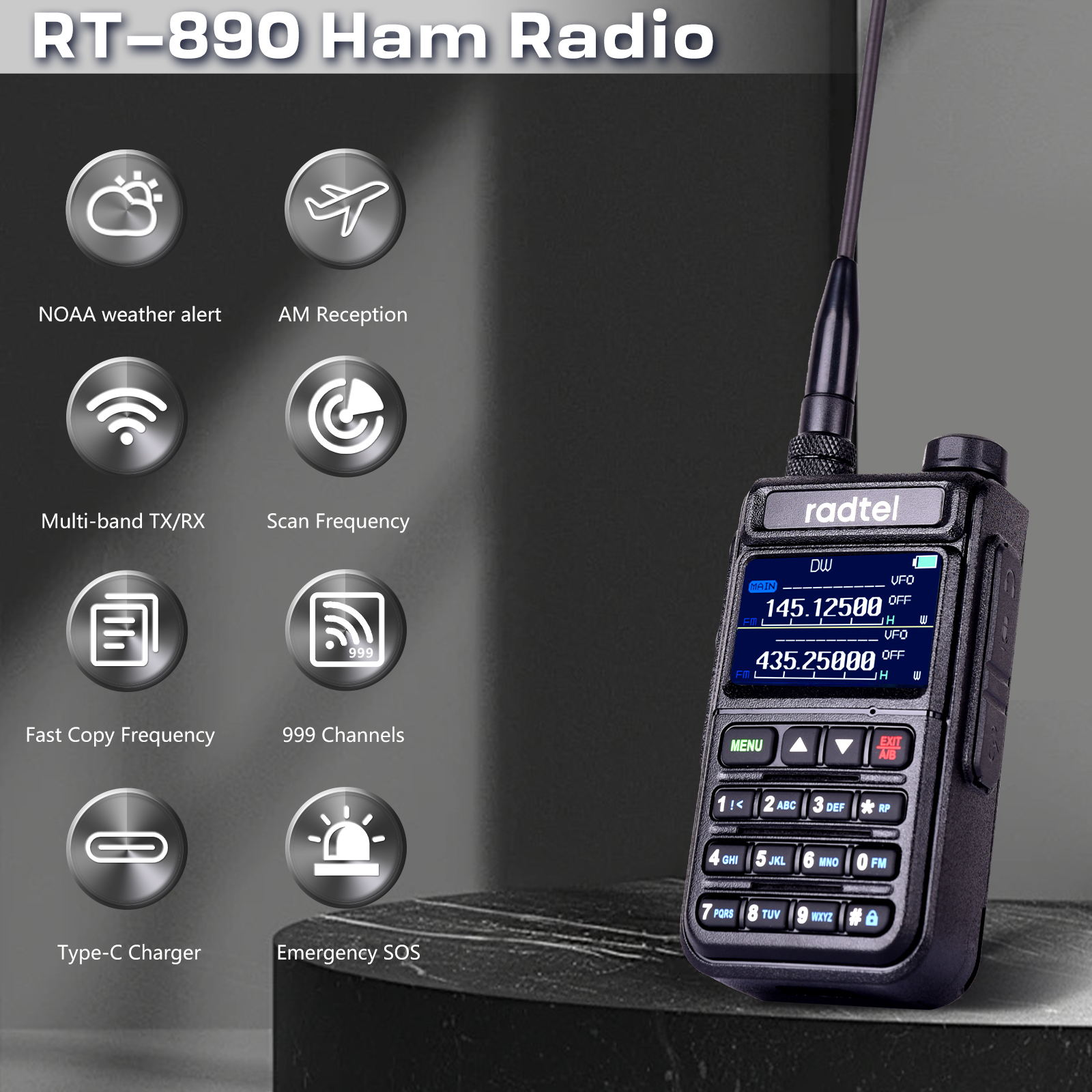Radtel RT-890 NOAA Kanał pogodowy 6-pasmowy Ham Amateur 2-drożne Radio 999CH Walkie Talkie AM Air Aviation Band Color Scanner Marine