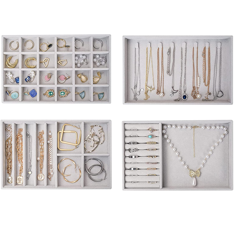 Samt Schmuck Tablett Vitrine Tragbare Halter Ohrring Halskette Verpackung Box Grau Beige Stapelbare Schmuck Organizer Boxen