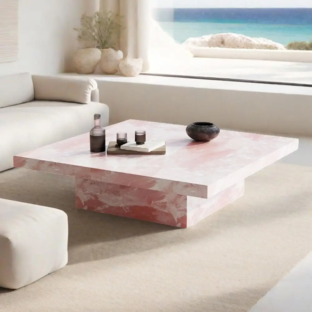"Mesa de centro de mármore jade rosa – mesa de chá quadrada de pedra de luxo, peça central de sala de estar de design para casa moderna"