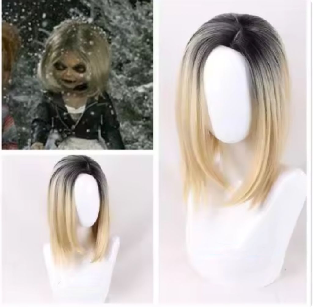 Peluca de Anime de la novia de Chucky, Peluca de Color degradado, red rosa, casco de pelo corto + gorro de peluca