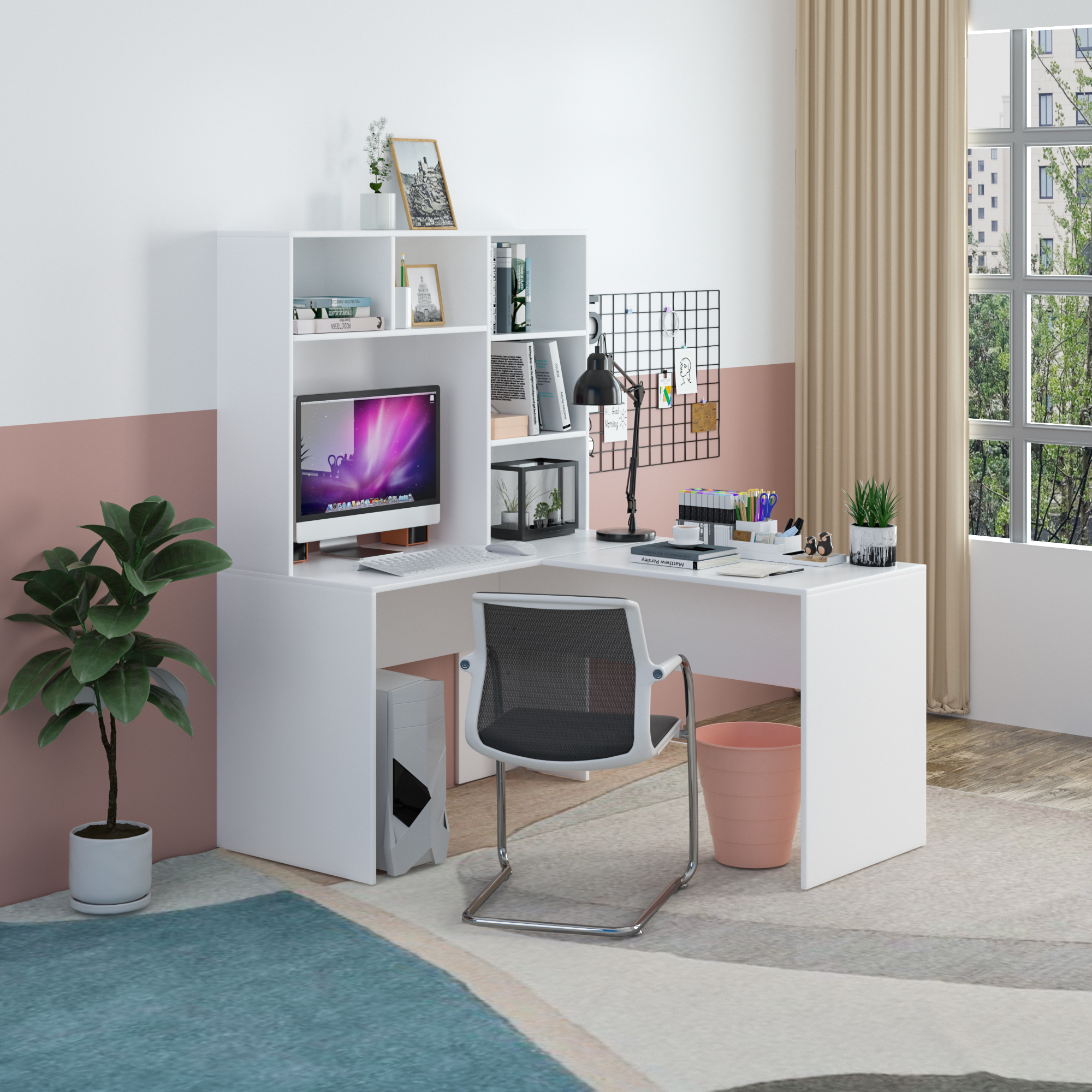 Getone Desk Corner Desk White L Shaped Computer Table Office table for Study Home Office 124.7X107.8X152.5 cm