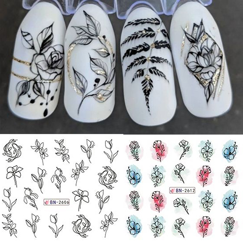 12 pçs tinta flores arte do prego adesivo verão decalque de água florescendo flores folhas graffiti slider decoração do prego folhas tatuagem