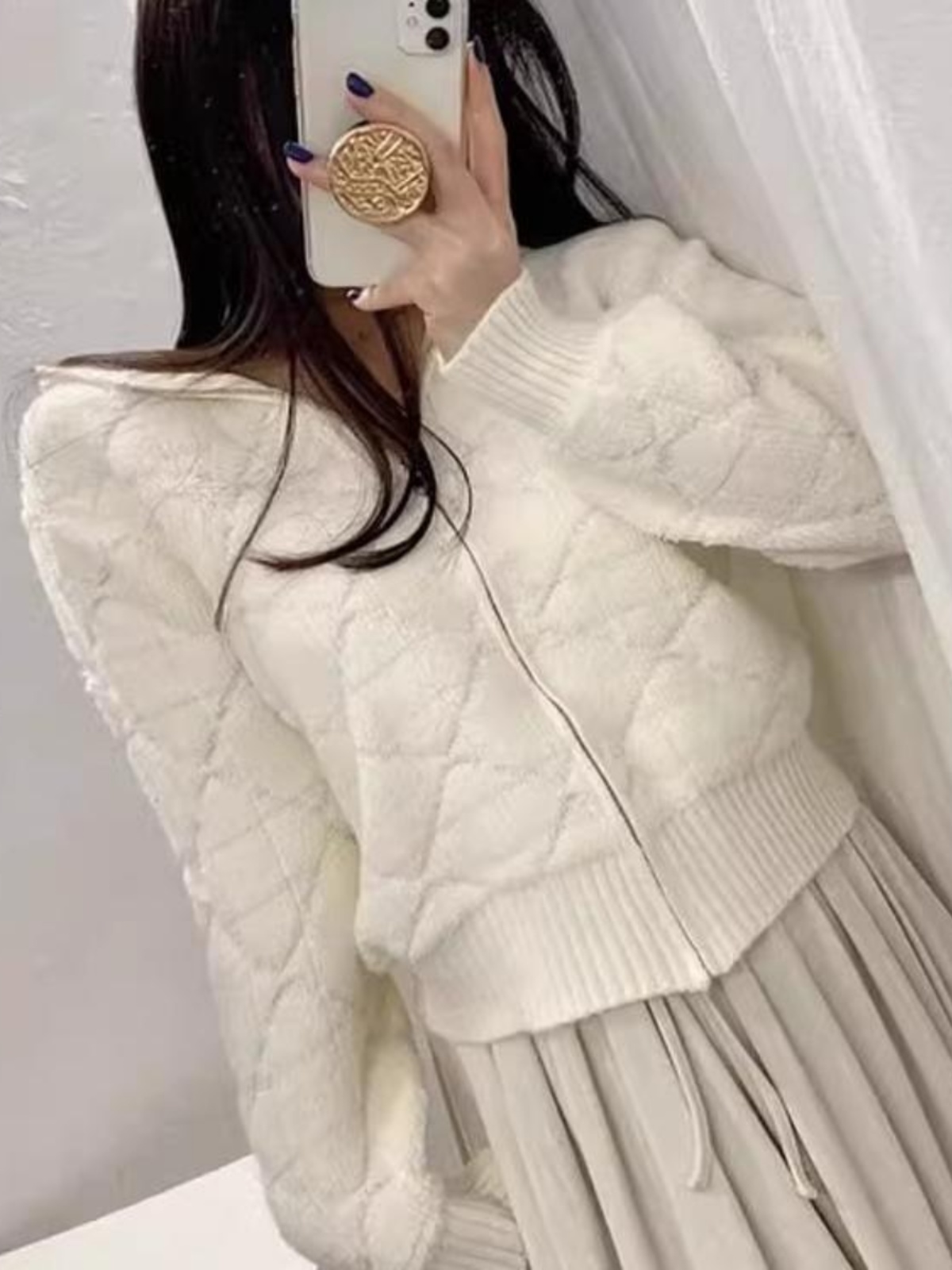 Soft Cozy Autumn Winter Sweater Jacket Women's Pure Color Lazy Sle Open Cardigan Short Length Zipper round Neck Long Sleeve