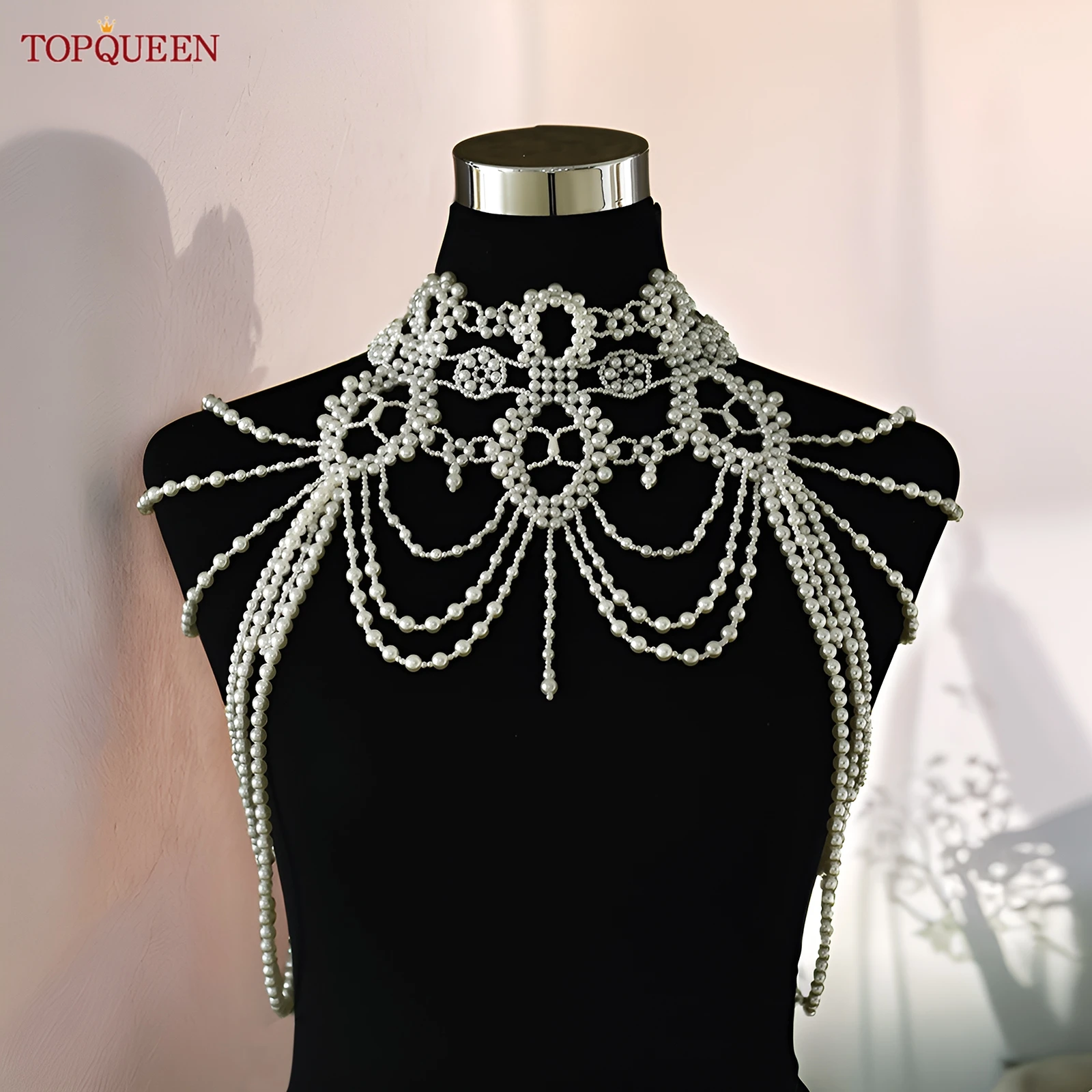 TOPQUEEN Rantai Tubuh Wanita Bolero Manik-manik Mutiara Aksesori Gaun Pengantin Kalung Selendang Mewah Vg09a Dapat Disesuaikan