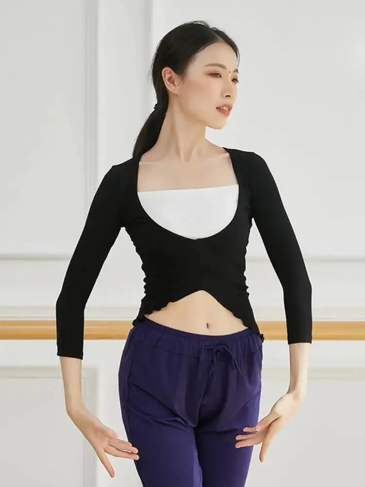 Kemeja Tari Asimetris Leher Bulat Lengan Panjang Wanita Pakaian Latihan Panggung Latihan Performa Atasan Balet Jazz Modern Warna Solid