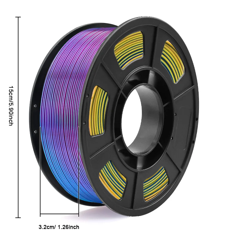 Filament d'imprimante 3D PLA en soie tricolore, filament d'impression 3D multicolore de 1,75 mm, filament violet, bleu ciel et jaune, 250 g (0,55 lb)