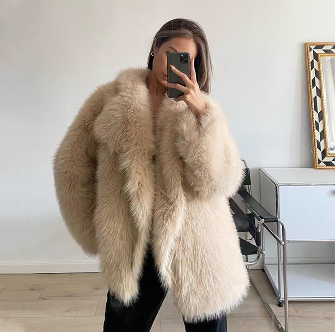 Laxsesu 2025, neuer Herbst- und Wintermode, warmer mittellanger Blazer mit gekerbtem Kragen, Kunstfuchs-Pelzmantel