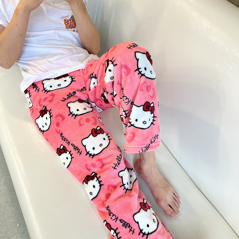 Sanrio Hello Kitty piżama czarna Anime flanelowa damska ciepła wełniana Whitecartoon Casual spodnie domowe jesienne modne spodnie prezenty