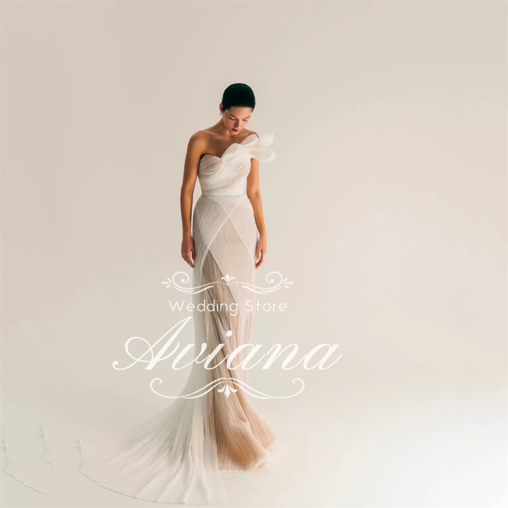 Customized Aviana One Shoulder Ruffled Tulle Sheer Overlay Mermaid Wedding Dress Open Back High Slit Long Train Sleeveless 2025