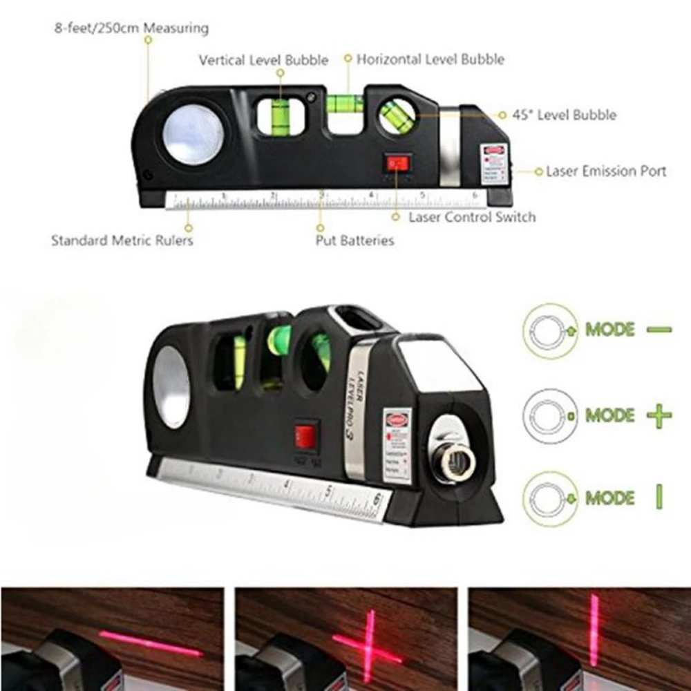 Laser Chân Trời Thẳng Đứng Đo 8FT Aligner Tiêu Chuẩn Và Hệ Mét Thước Đa Năng Đo Cấp Laser Đen
