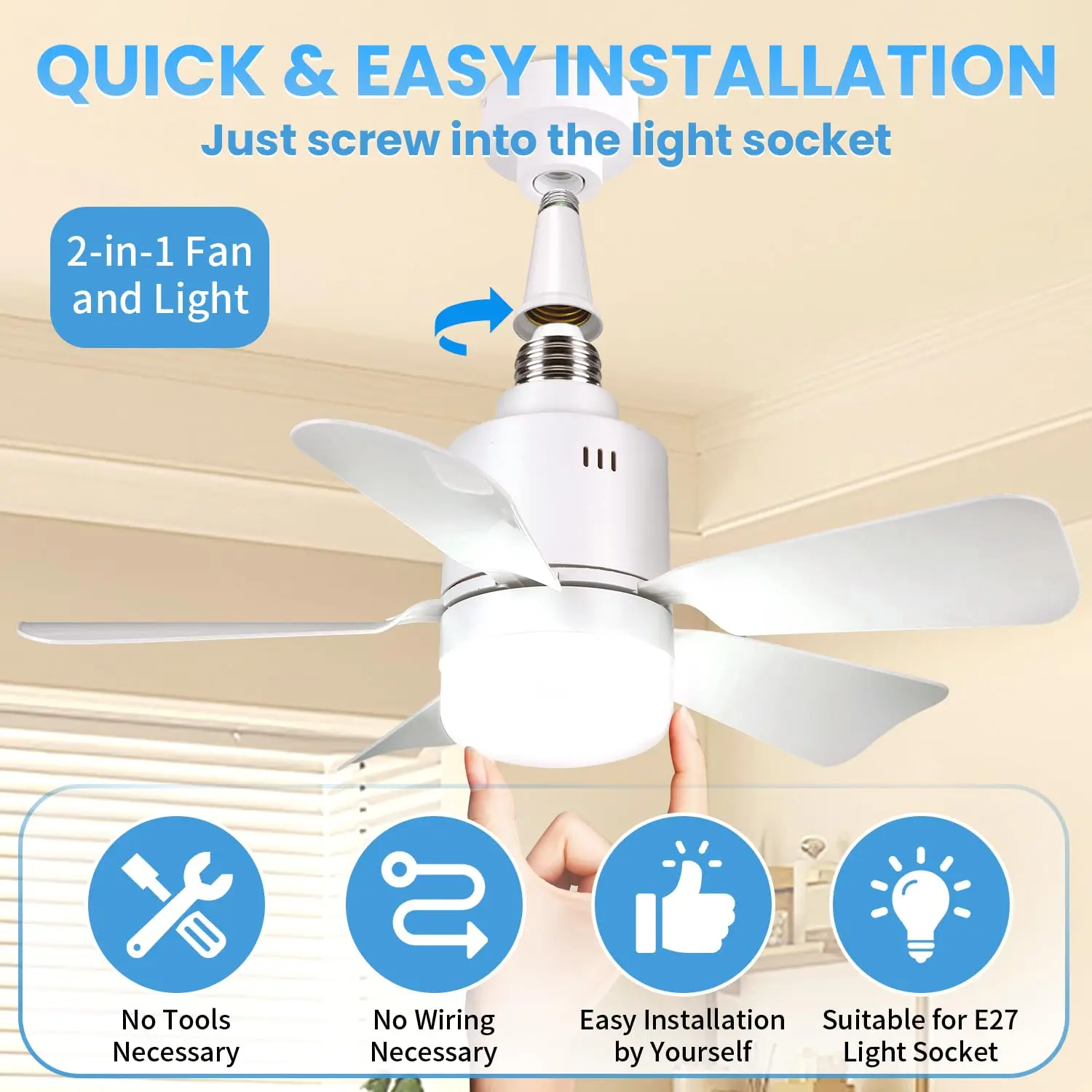 Socket LED Fan Light with Remote 52.5cm 4 Speed Socket Ceiling Fan with Lighting Light Bulb Fan for Bedroom Home, E26/E27 Base