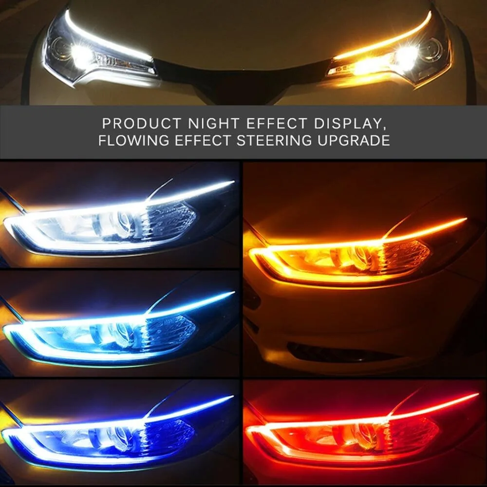 1 คู่ไฟวิ่งกลางวันสําหรับไฟหน้ารถ LED Strip DRL LED Strip ไฟเลี้ยวสีขาวสีเหลือง Sequential LED