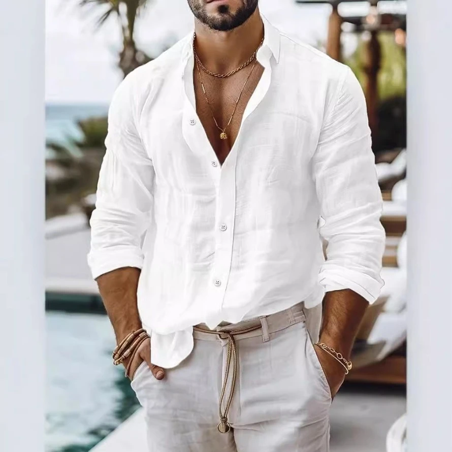 Men's Solid Color Cotton Linen Blend Breathable Sweat Absorbing Easy to Maintain Long Sleeved Shirt Business Casual Slim Fit
