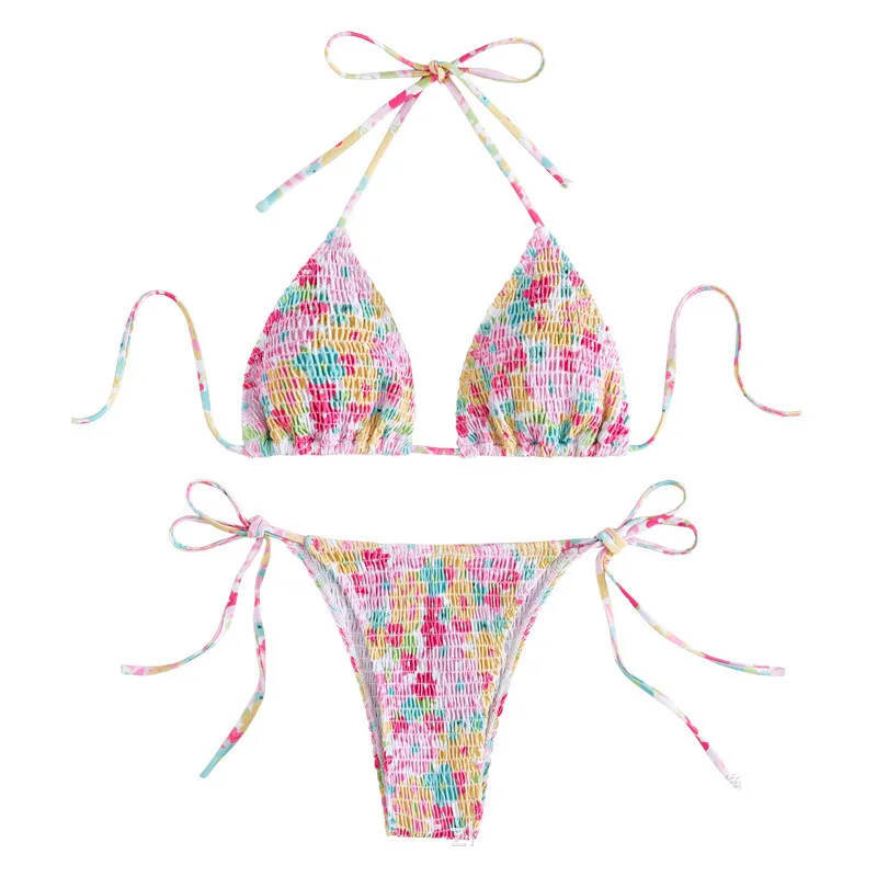 Maillot de bain imprimé floral, sexy, col licou, ensemble deux pièces, haut, audithong, bikini, tankini, vêtements de plage