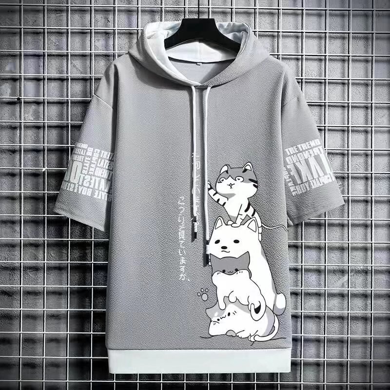 일본 패션 남성 후드 여름 남성 의류 만화 캐주얼 하라주쿠 streetwear 프린트 후드 탑 반소매 스웨트 남성