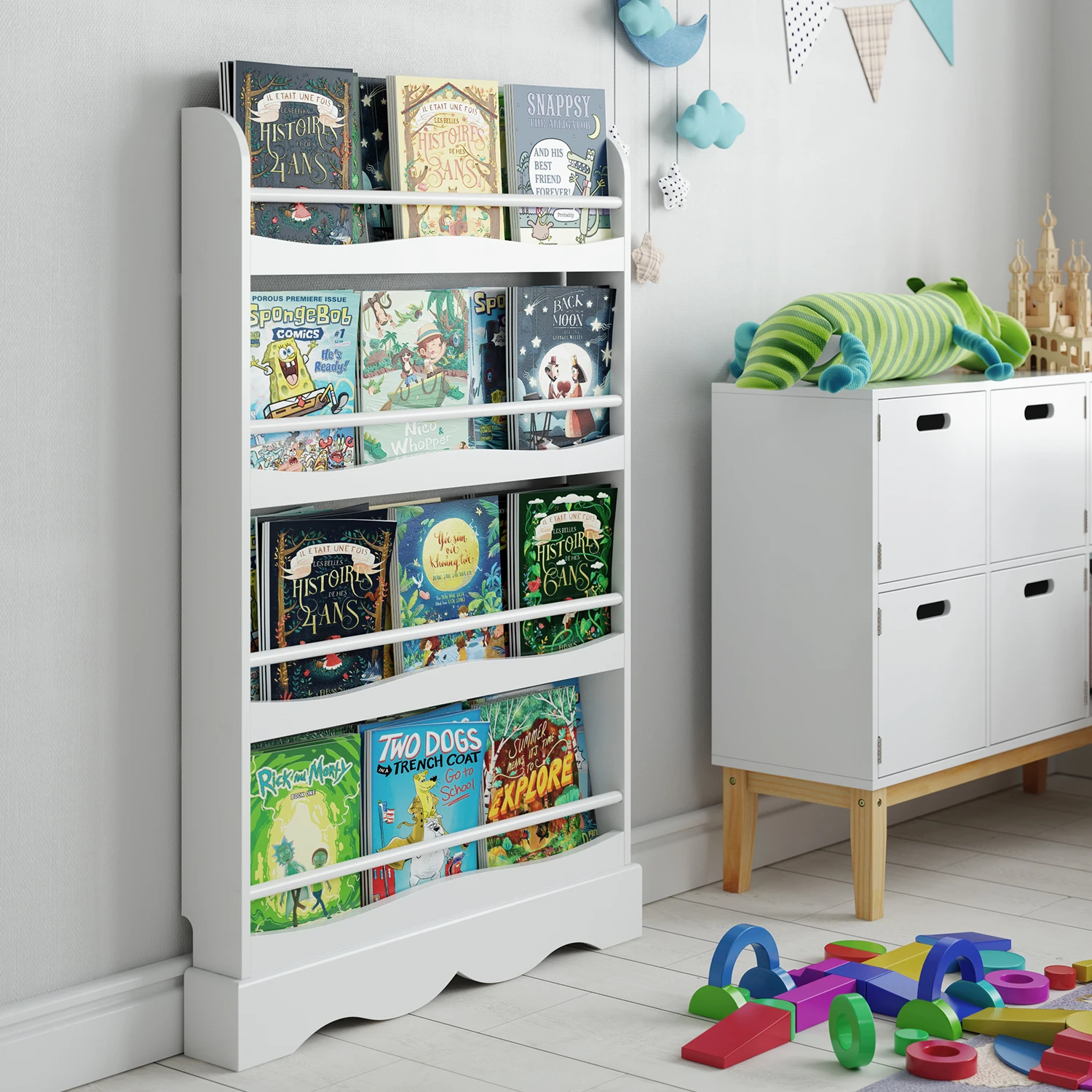 Getone Libreria per bambini, libreria per bambini a 4 livelli, espositore bianco ripiani autoportanti 118x80x11,5 cm