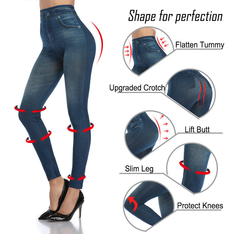 Cao Cấp Giả Denim In Quần Legging Nữ Gợi Cảm Skinny Quần Bút Chì Tập Điều Khiển Liền Mạch Định Quần Không Bỏ Túi