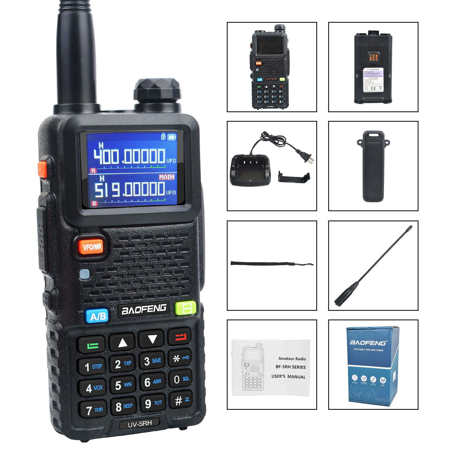 Baofeng-fmトランシーバー、UV-5RH、7w、vhf、uhf、136-174mhz、220-260mhz、400-520mhz、トライバンド、99ch周波数検索、気象予測