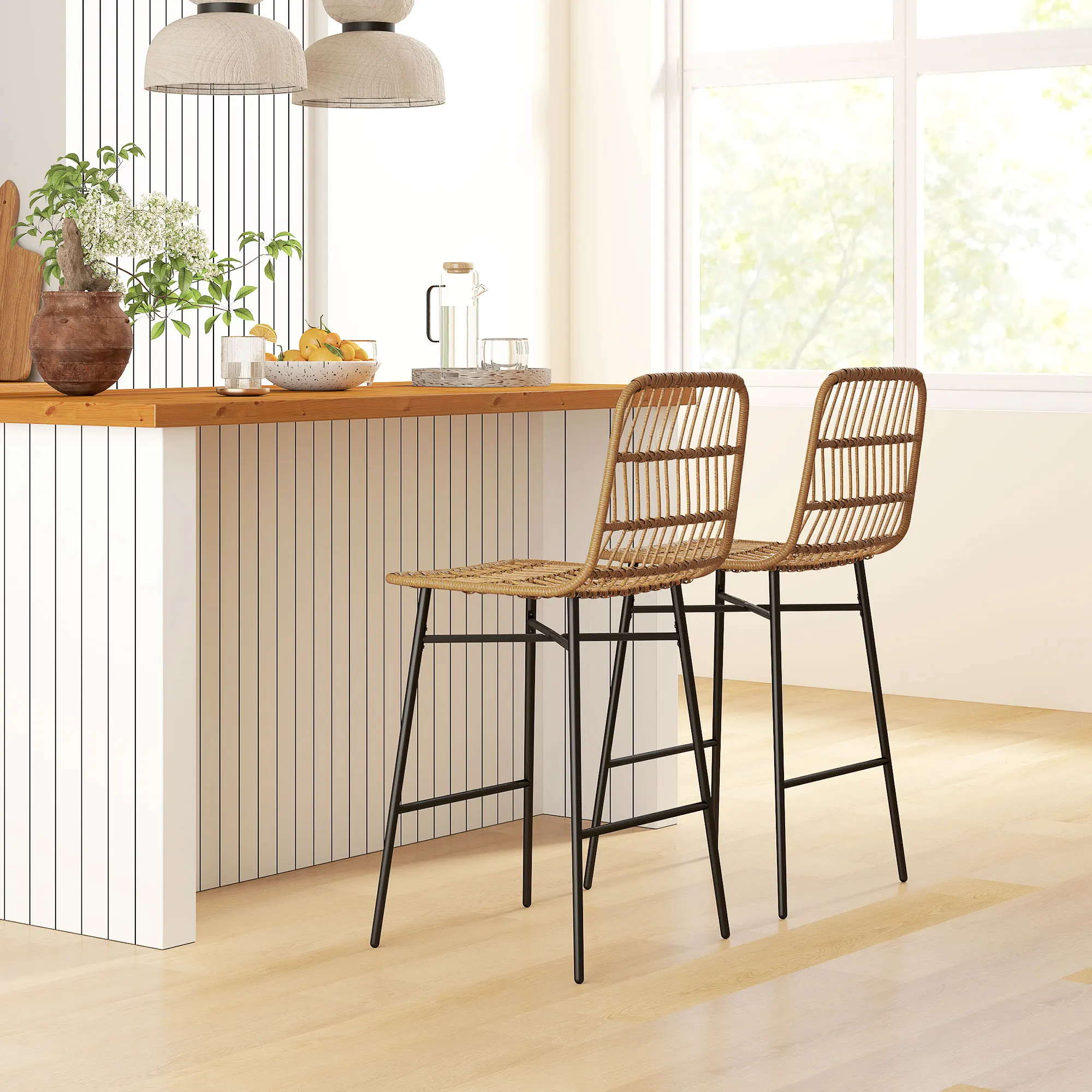 Homcom Set di 2 sgabelli alti da cucina sgabelli da bar con schienale e sedile in rattan per bar cucina sala da pranzo marrone