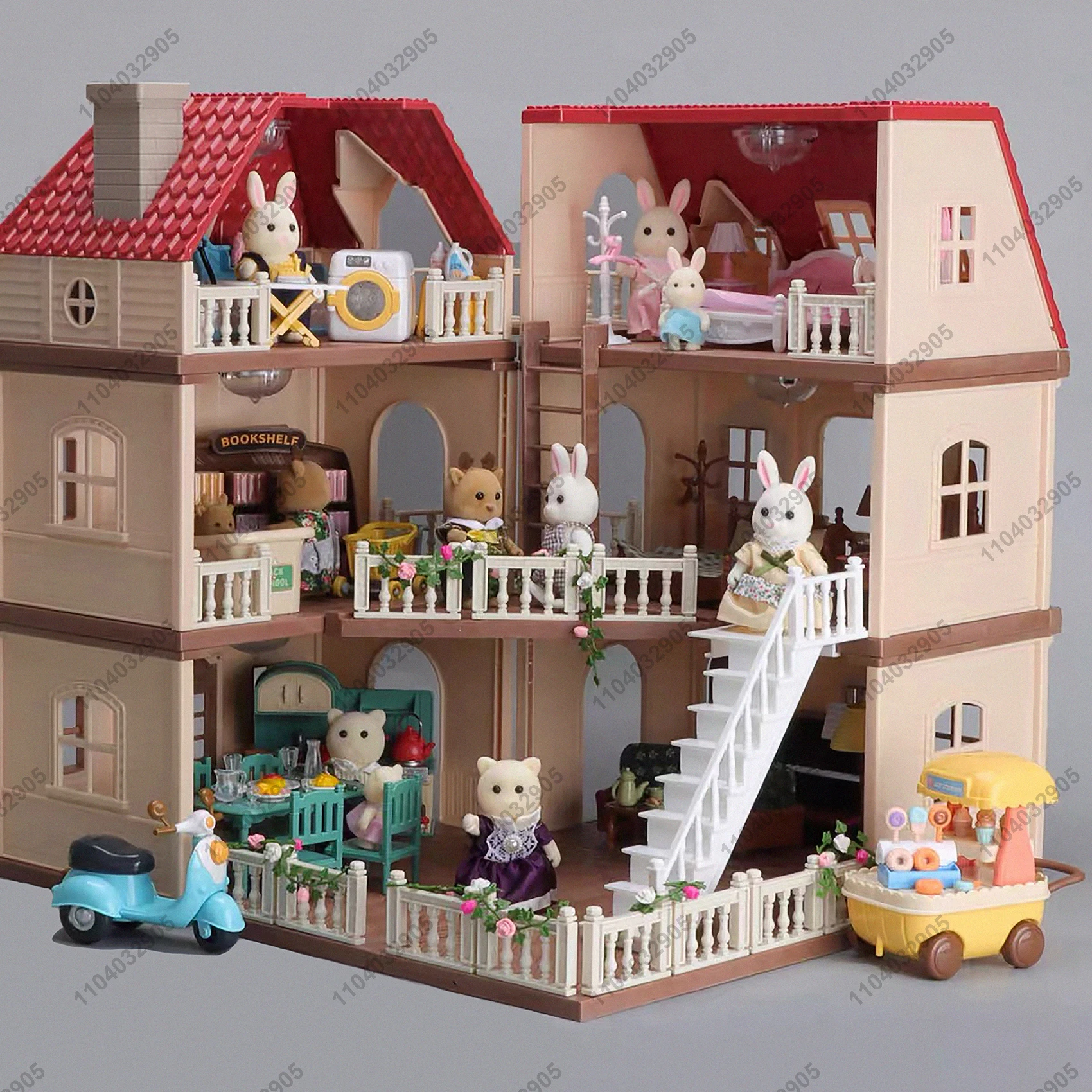Casa de bonecas de animais em miniatura, floresta, família, casa grande, mini móveis, casa de bonecas dupla de três andares, villa, casa de brincar, brinquedo de presente para meninas