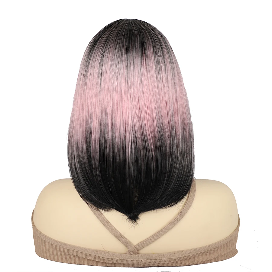 14-inch chique korte rechte roze tot zwart gradiëntpruik met pony synthetisch haar voor dames, perfect voor dagelijks gebruik op feest